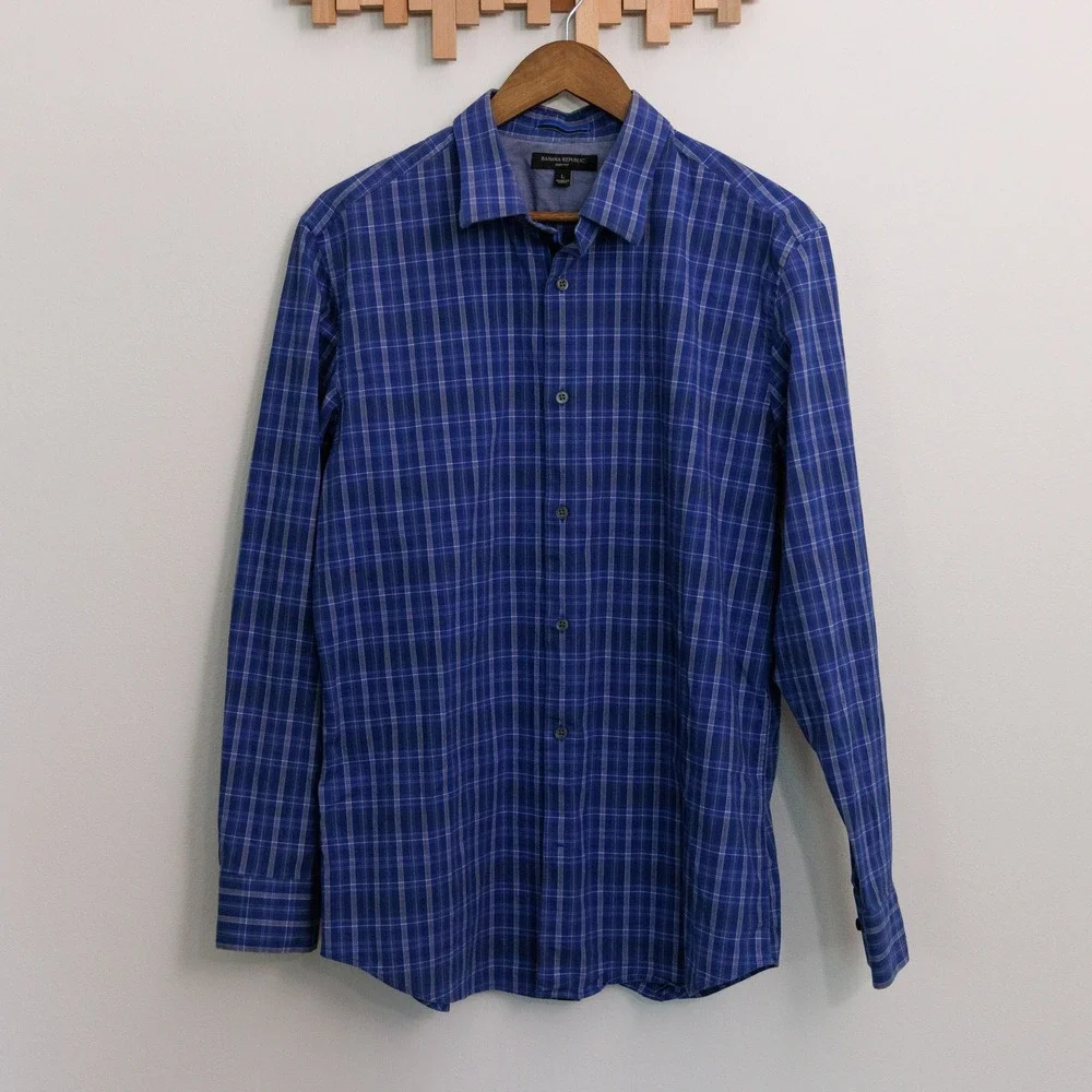Banana Republic Mens Slim Fit Blue Plaid Long Sleeve Button Down Shirt Large